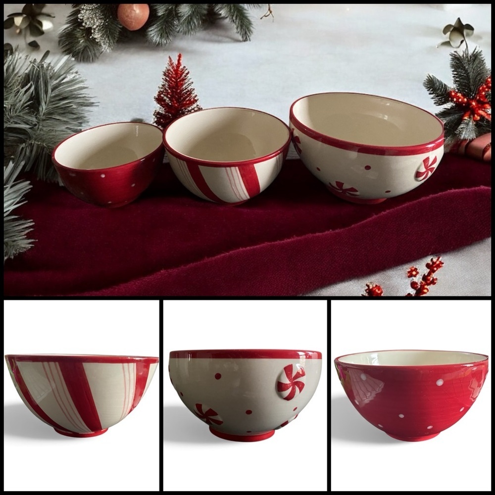 Christmas Peppermint Swirl Stripe Polka Dot Ceramic Red and White Nesting Bowls